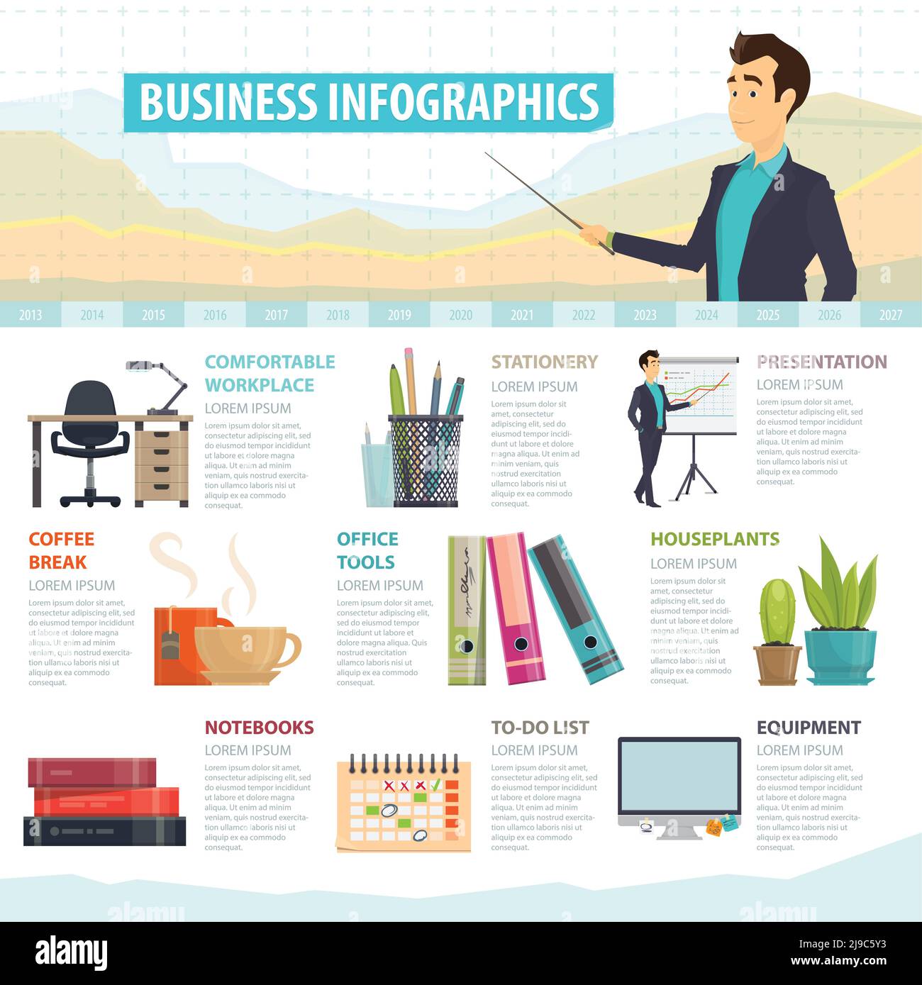Business elements infographic template with office stationery equipment furniture and tools vector illustration Stock Vector