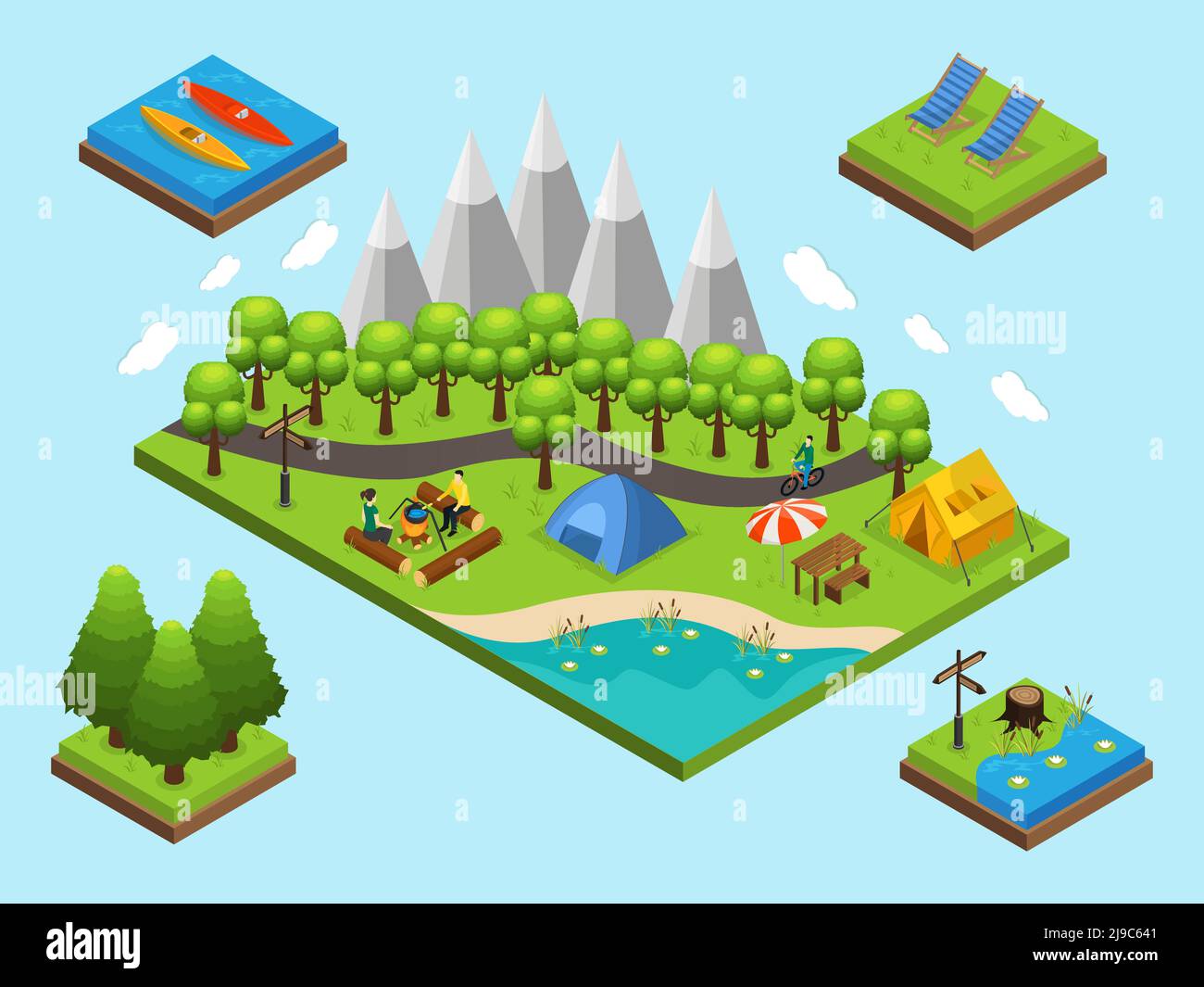 Isometric outdoor recreation and hiking composition with people camping ...