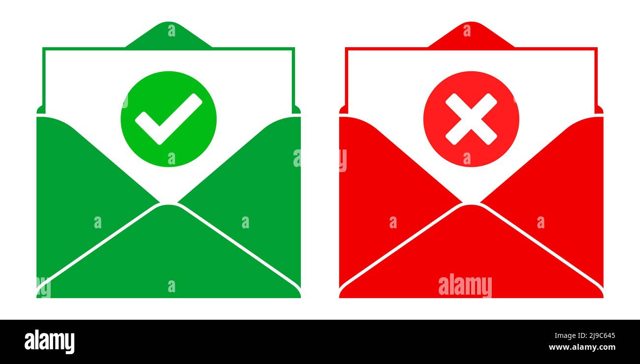 Positive and negative mail concept vector icons, with a green checkmark and red X signs, isolated on white background. Green and red flat style envelopes with Done and Error messages. Stock Vector