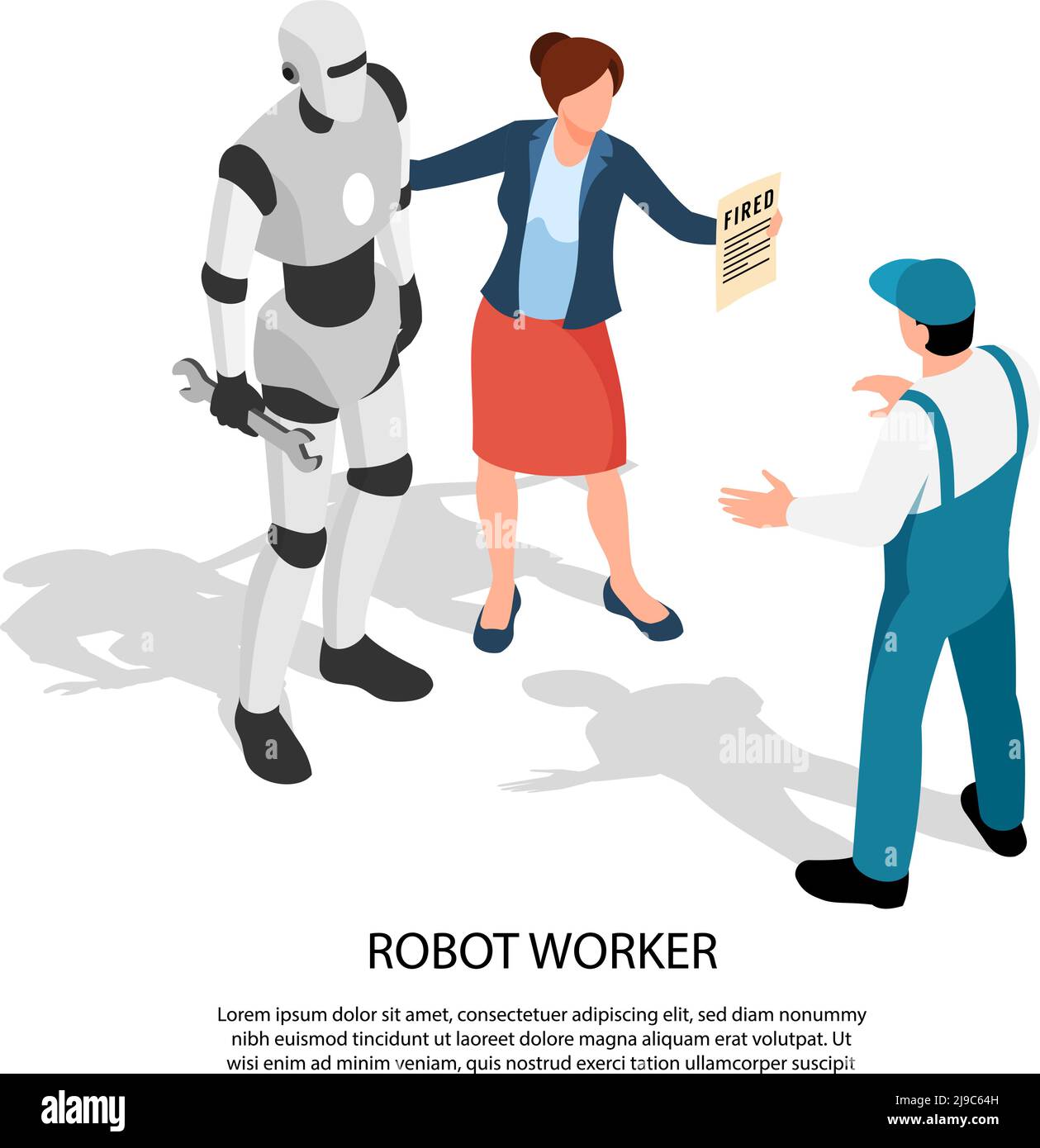 Robot worker isometric composition with female manager standing near android and showing sign to dismissed worker vector illustration Stock Vector