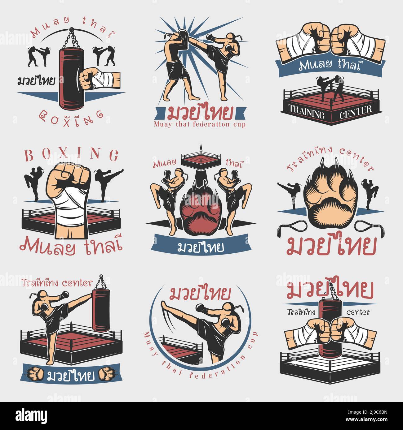 Isolated Muay Thai Boxing Style Emblems With Fist Symbols Fighter Figures And Stylized Editable Text Flat Vector Illustration Stock Vector Image Art Alamy
