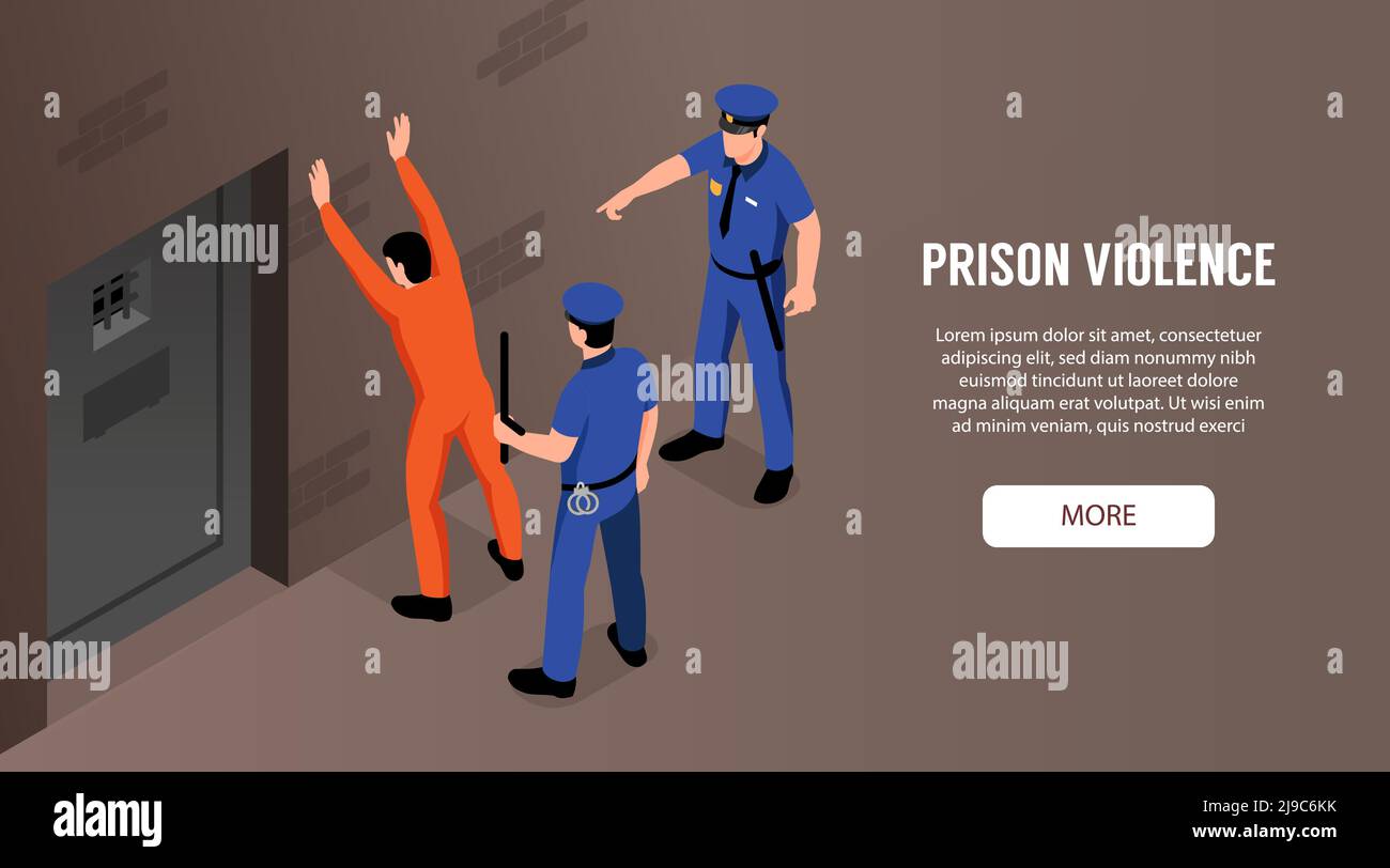Prison violence horizontal banner with two policemen and detained standing near door of camera with his hands up vector illustration Stock Vector