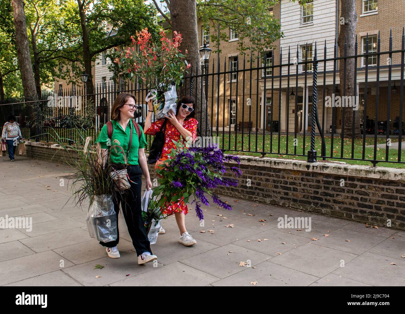 Two young women carry home their bargain purchases on the last day of the RHS Chelsea Flower Show. Stock Photo