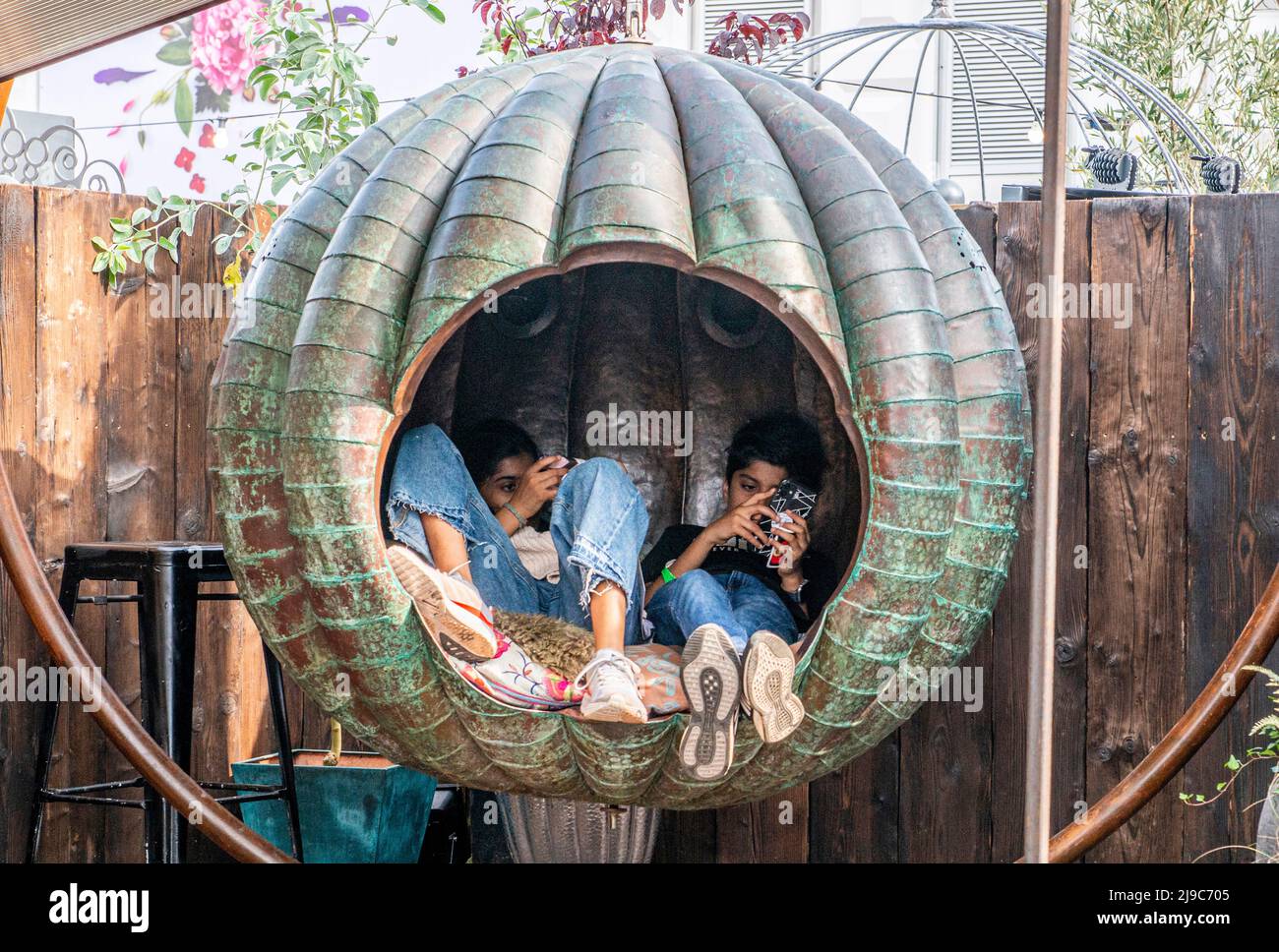 Two boys wearing trainers and jeans are concentrating on their phone while sitting in a suspended sphere on he last day of the RHS Chelsea Flower Show. Stock Photo