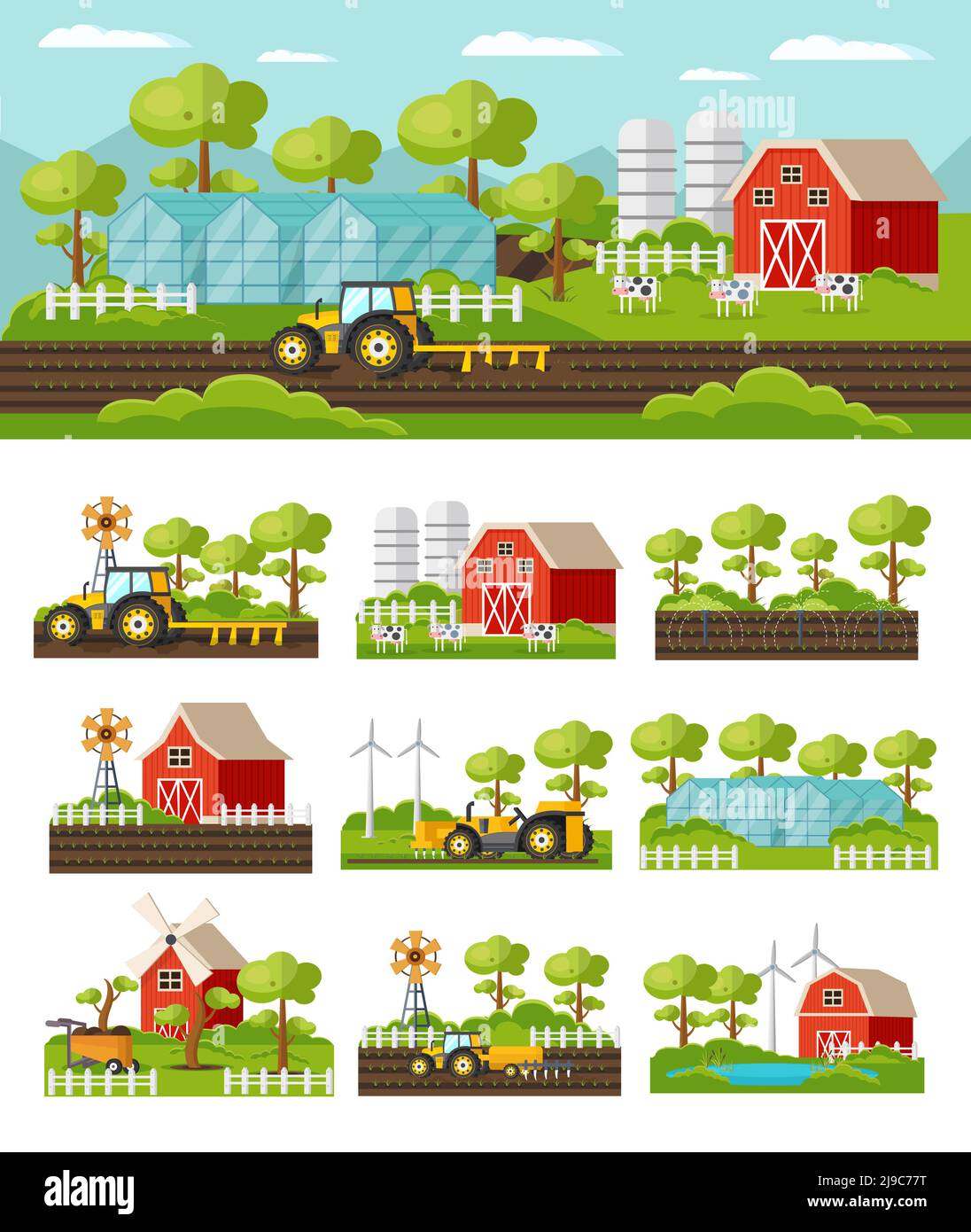 Hobby Farm Graphics Colorful farming concept with agricultural equipment vehicles ...