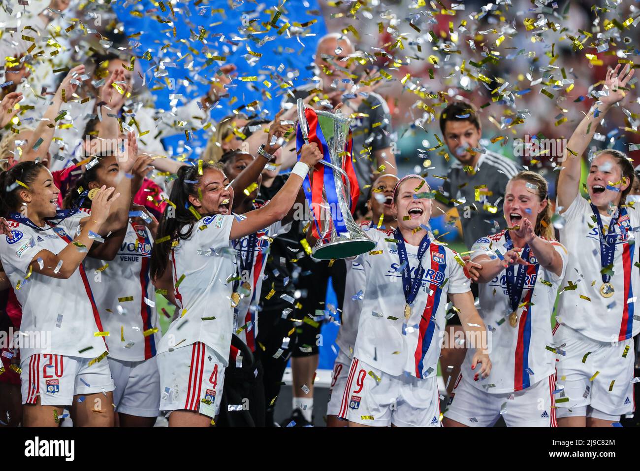 Turin, Italy. 21st May, 2022. Eugene Le Sommer of and Selma Bacha of Olympique Lyonnais lift the trophy after the UEFA Women's Champions League Final 2021/22 football match between FC Barcelona and Olympique Lyonnais at the Allianz Stadium.(Final score; FC Barcelona 1:3 Olympique Lyonnais) (Photo by Fabrizio Carabelli/SOPA Images/Sipa USA) Credit: Sipa USA/Alamy Live News Stock Photo