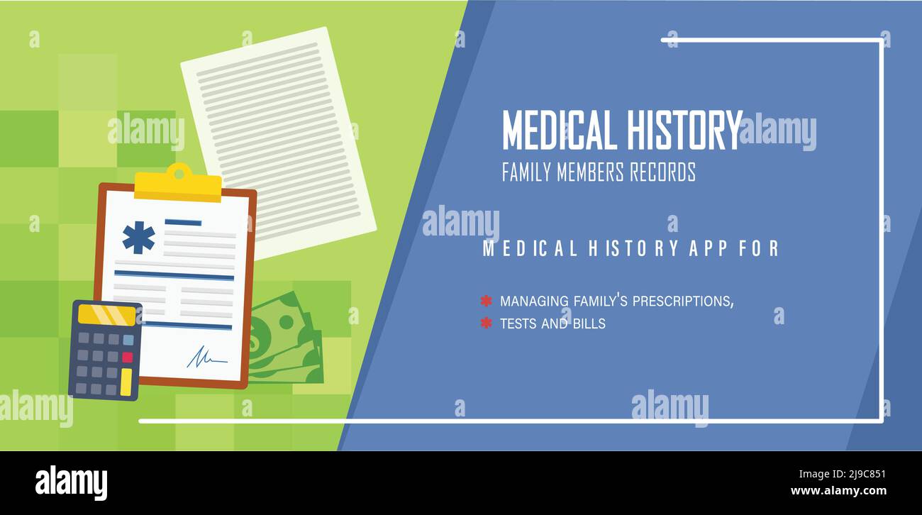 Medical History banner Medical record Patient card medical history and diagnosis Stock Vector
