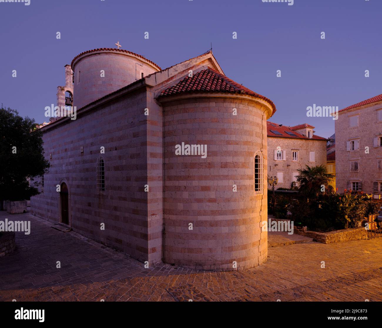 Holy Trinity Church in Budva Montengro in the morning blue hour. Stock Photo