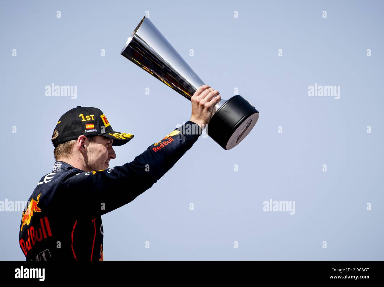 BARCELONA - Max Verstappen (Red Bull Racing) on the podium after the F1 Grand Prix of Spain at Circuit de Barcelona-Catalunya on May 22, 2022 in Barcelona, Spain. REMKO DE WAAL Stock Photo