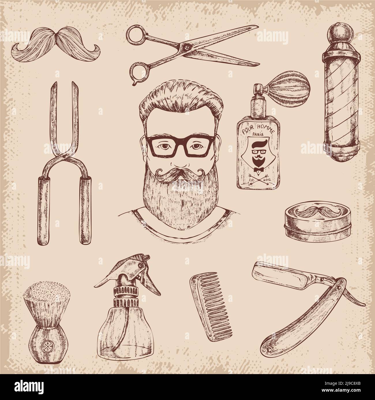 Hand drawn barber hipster character head and elements set with various