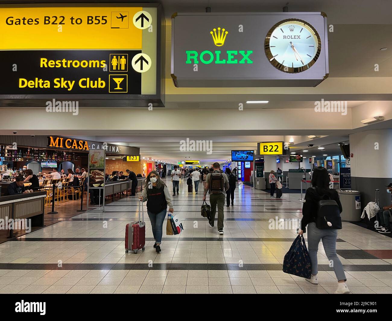 New York, United States. 20th May, 2022. Passengers walk through Terminal 4  at JFK Airport in New York on May 20, 2022. Delta, Emirates, Etihad, KLM,  LATAM, Singapore Airlines, Virgin Atlantic, and