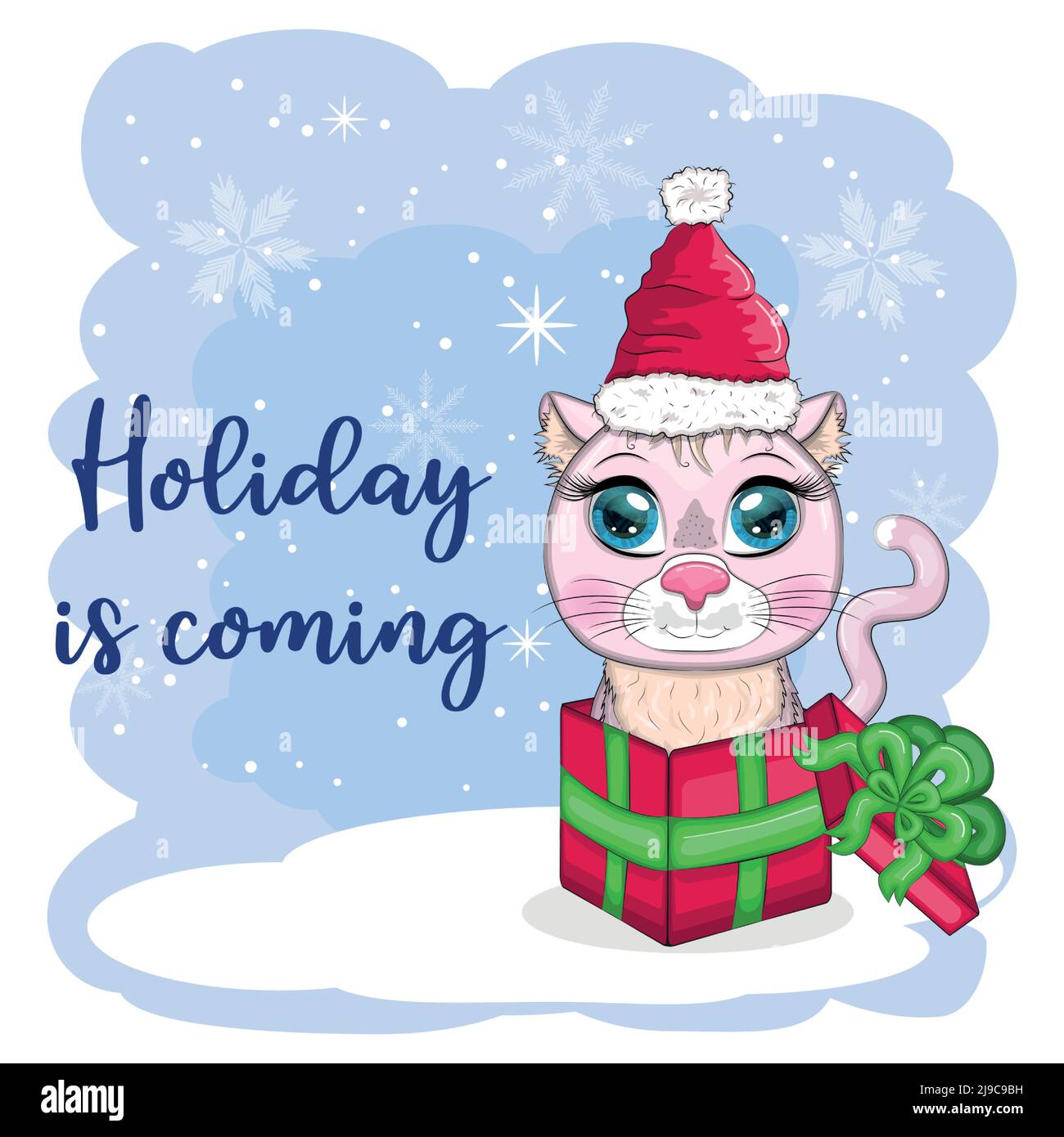 Cute cartoon cat in a Santa hat on a background of snow. Winter 2023