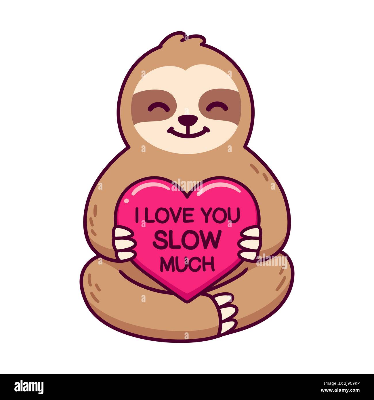 Funny cartoon sloth holding red heart saying I Love You Slow Much. Cute Valentine pun drawing, vector illustration. Stock Vector