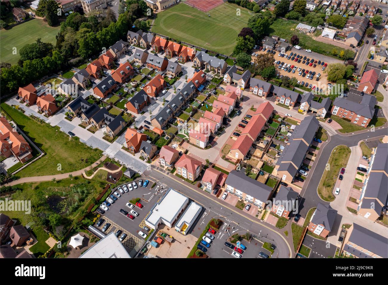 PETERBOROUGH, UK MAY 17, 2022. An aerial view of a new build housing