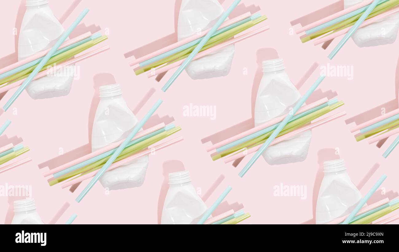 Negative impact on nature. Plastic bottles, straws on a minimalistic