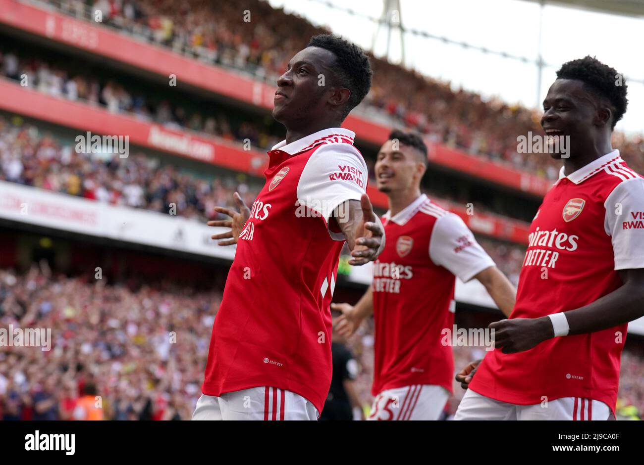 Arsenal's Eddie Nketiah celebrates scoring their side's second goal of the game during the Premier League match at The Emirates Stadium, London. Picture date: Sunday May 22, 2022. Stock Photo