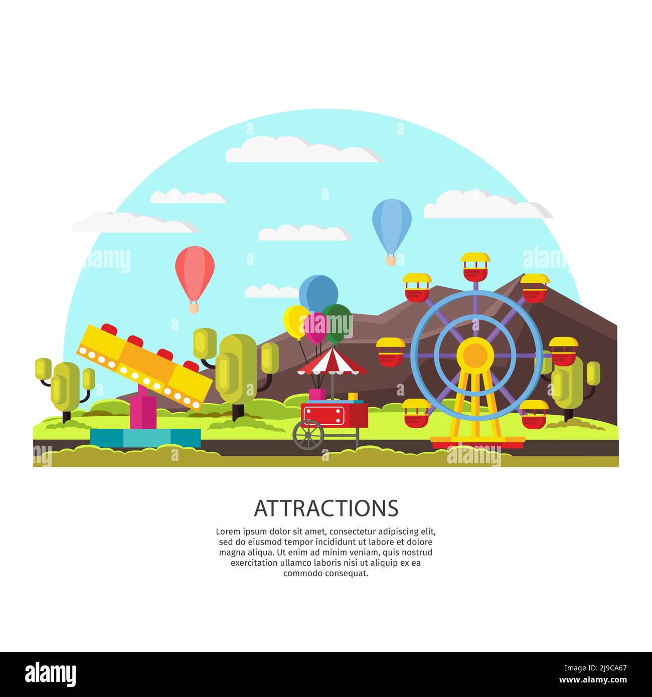 Colorful amusement park template with ferris wheel ice cream booth ...