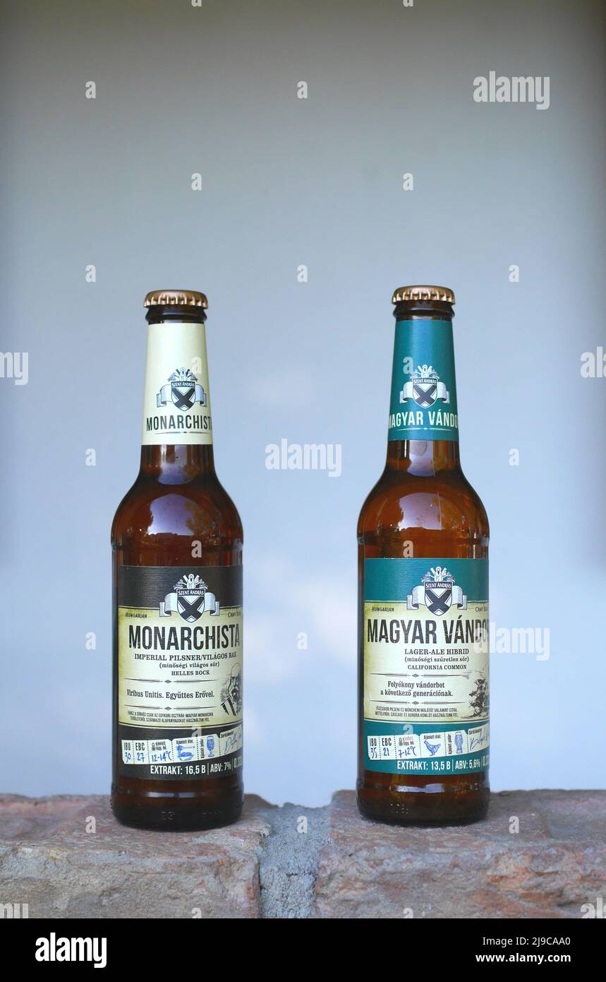 Bottles of Hungarian craft beer, Monarchista and Magyar Vandor Stock Photo