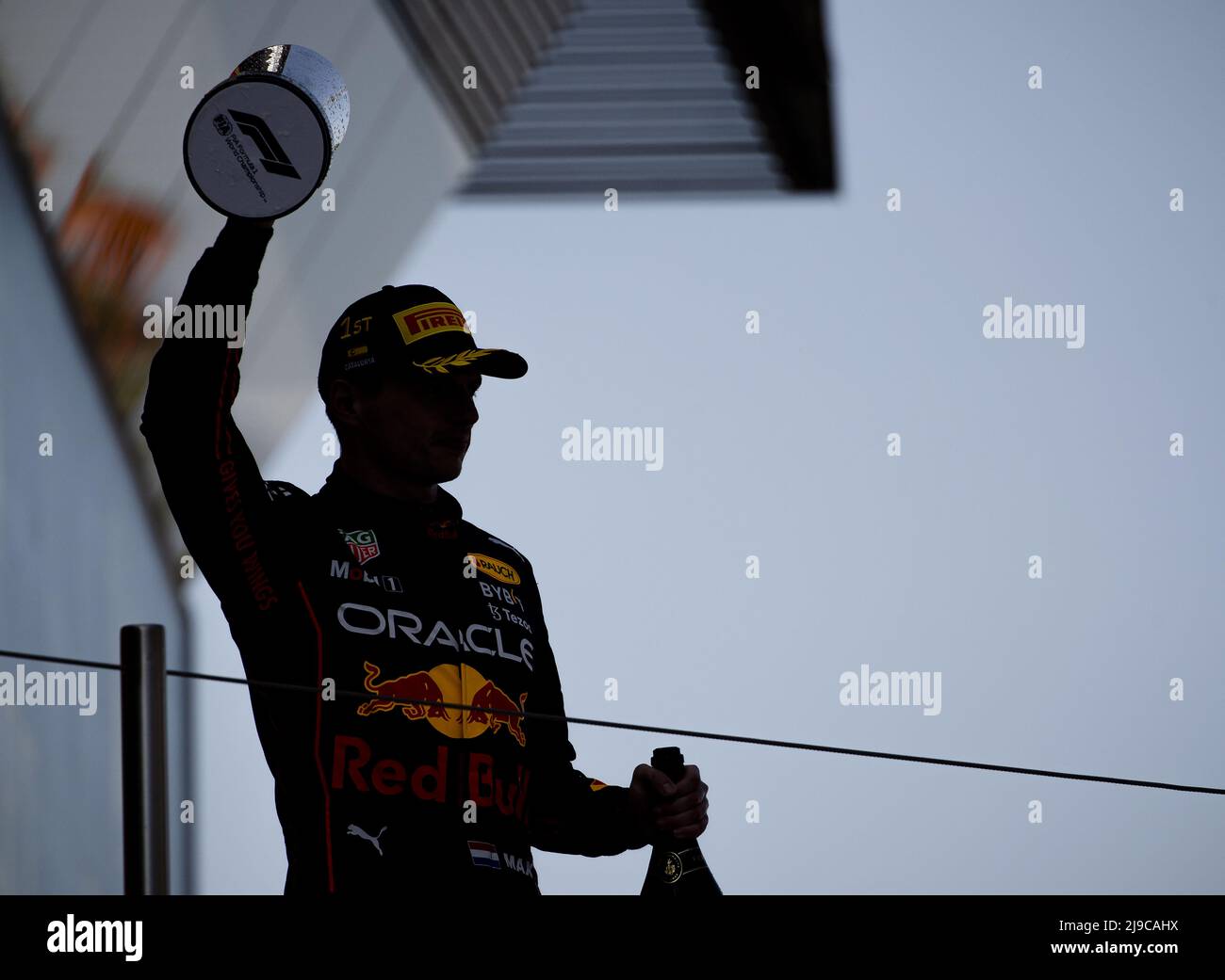 BARCELONA - Max Verstappen (Red Bull Racing) on the podium after the F1 Grand Prix of Spain at Circuit de Barcelona-Catalunya on May 22, 2022 in Barcelona, Spain. REMKO DE WAAL Stock Photo