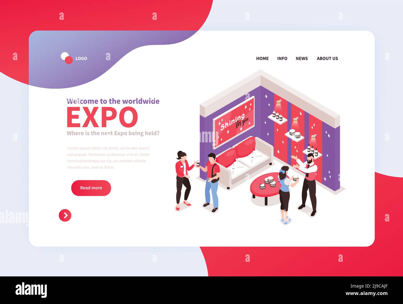 Isometric expo stand concept banner for web site landing page with