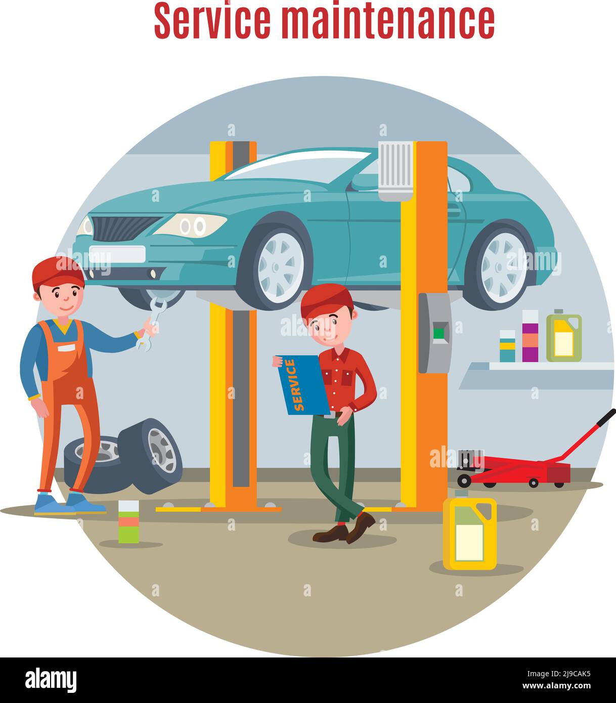 Car maintenance service concept with auto mechanics checking technical condition of lifting car in workshop vector illustration Stock Vector
