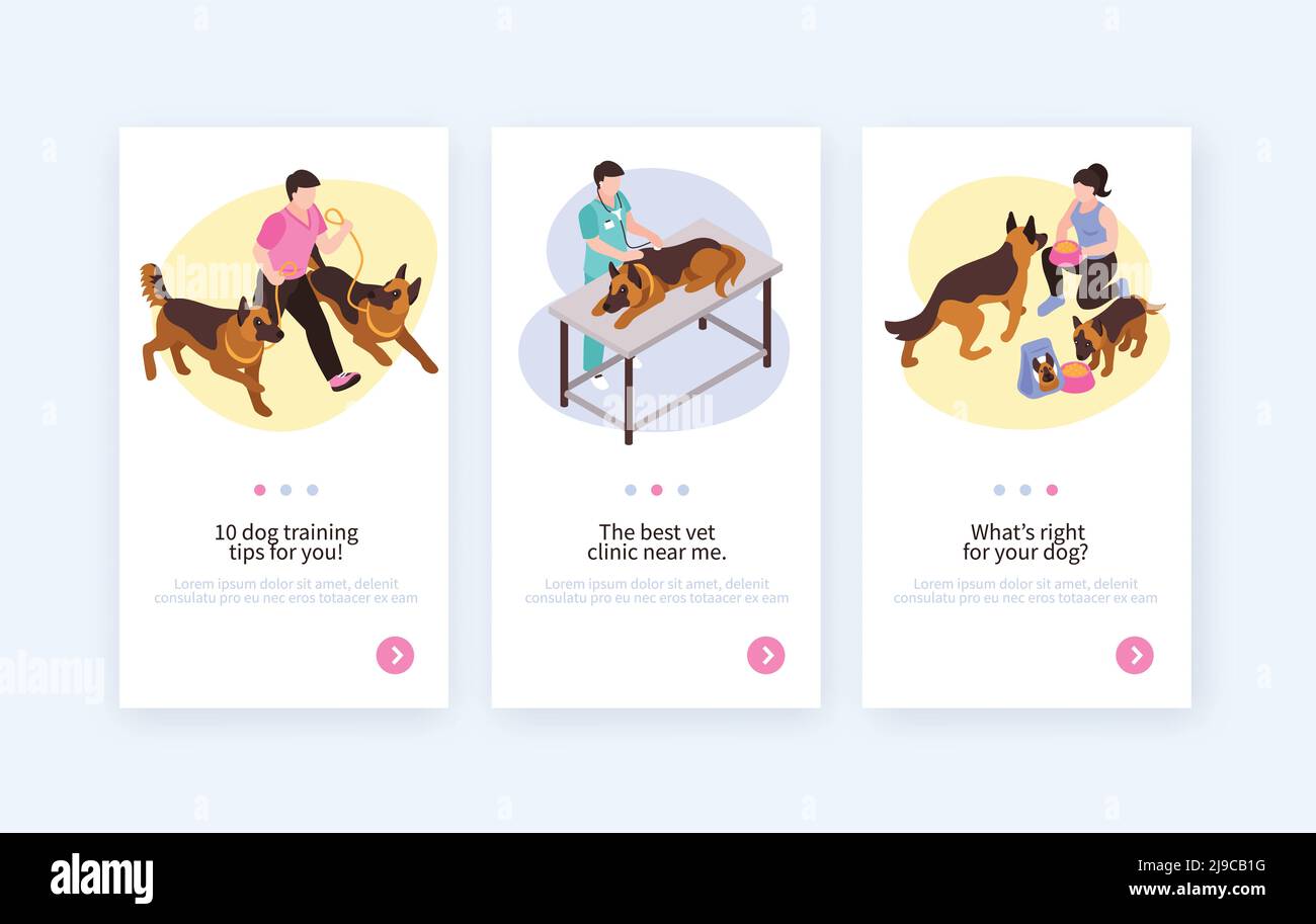 Isometric one day dog vertical banners with switch page buttons editable text animals and human characters vector illustration Stock Vector