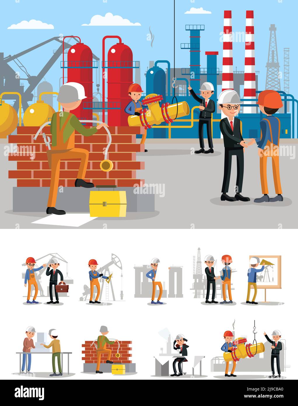 Industrial building workers characters set with engineer managing employees negotiating making and planning project vector illustration Stock Vector