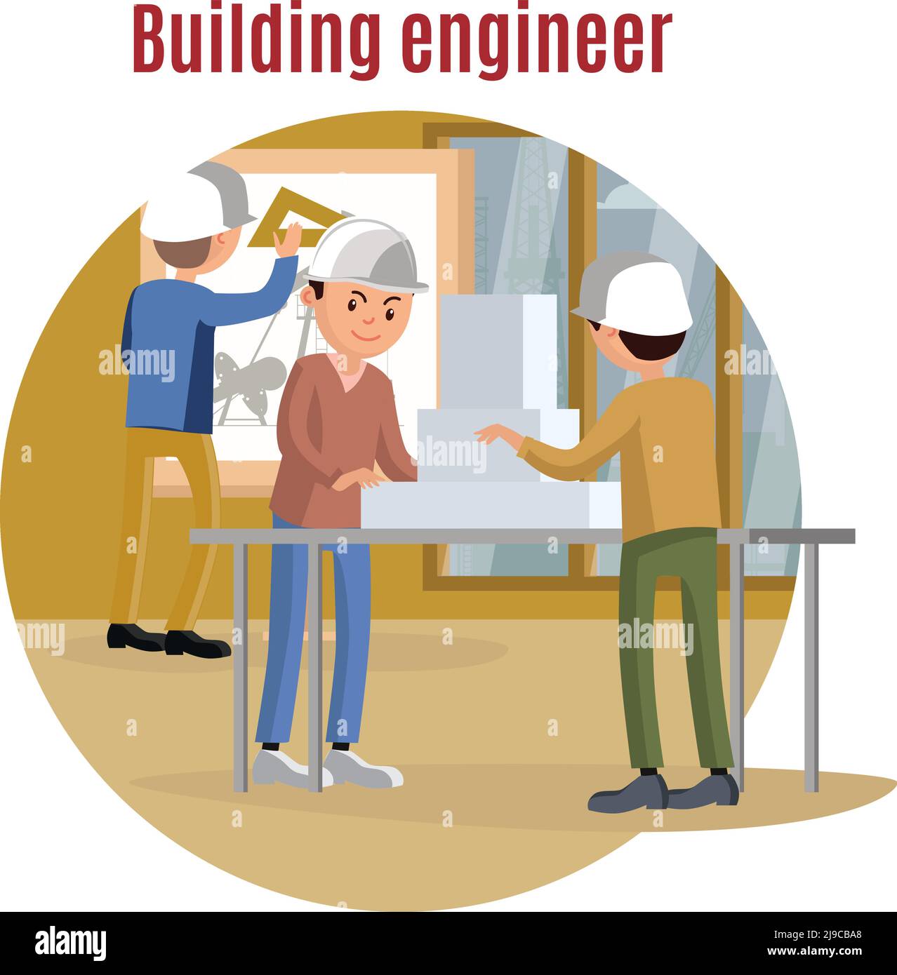 Building engineering concept with architects creating model of construction and making architectural project vector illustration Stock Vector