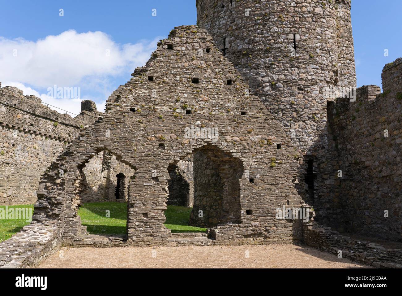 View of the ruined Later Hall and Outer Ward at Kidwelly Castle on a spring May day. Carmarthen, Wales, UK Stock Photo