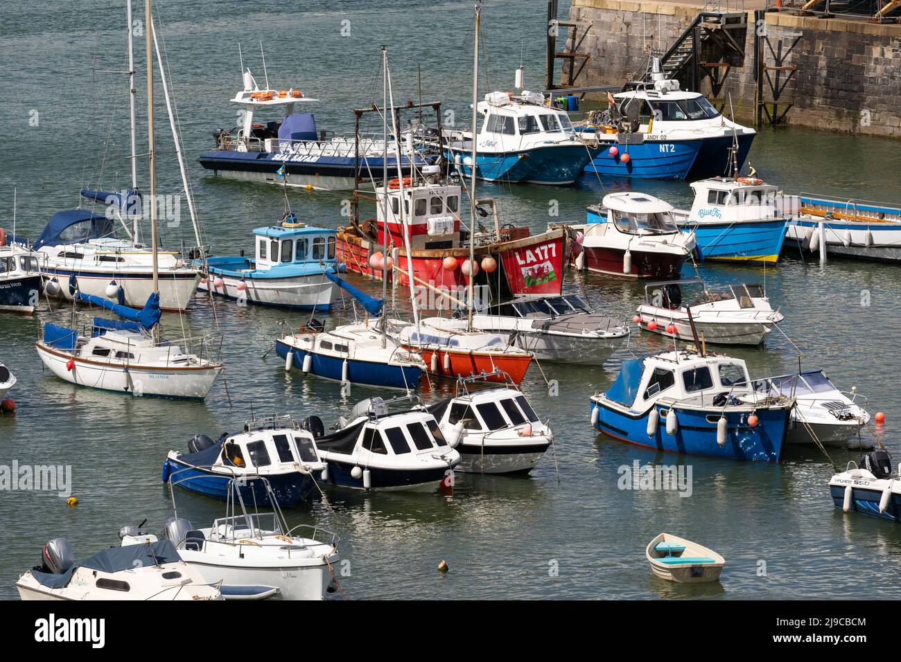 Closeup of anchored boats in Tenby harbour, one with a Welsh flag on the prow. Tenby harbour town, southwest Wales, UK Stock Photo