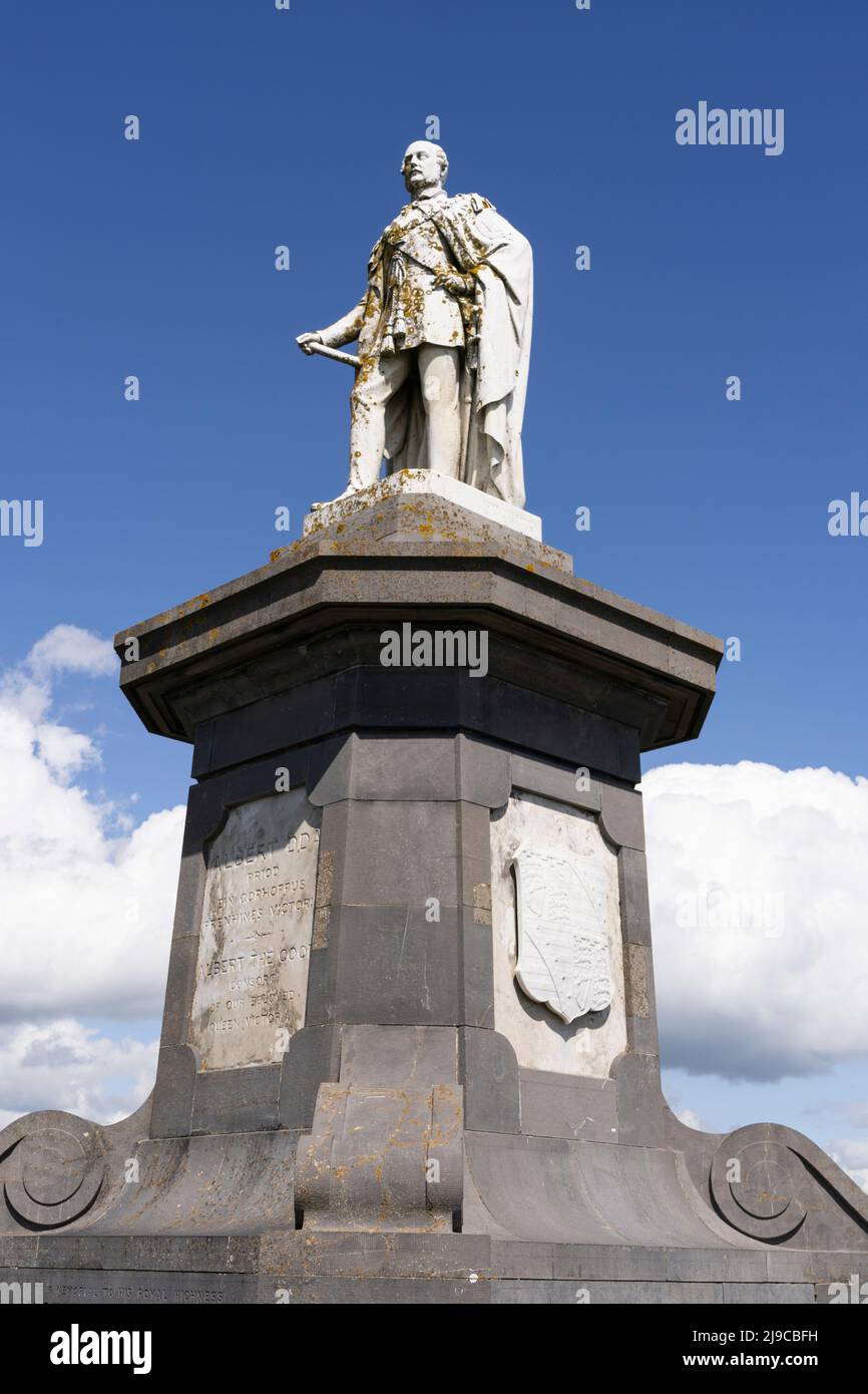 The Welsh memorial to Prince Albert erected in 1865 on Castle Hill in Tenby, Wales. Sicilian marble statue in uniform on a grey limestone pedestal Stock Photo