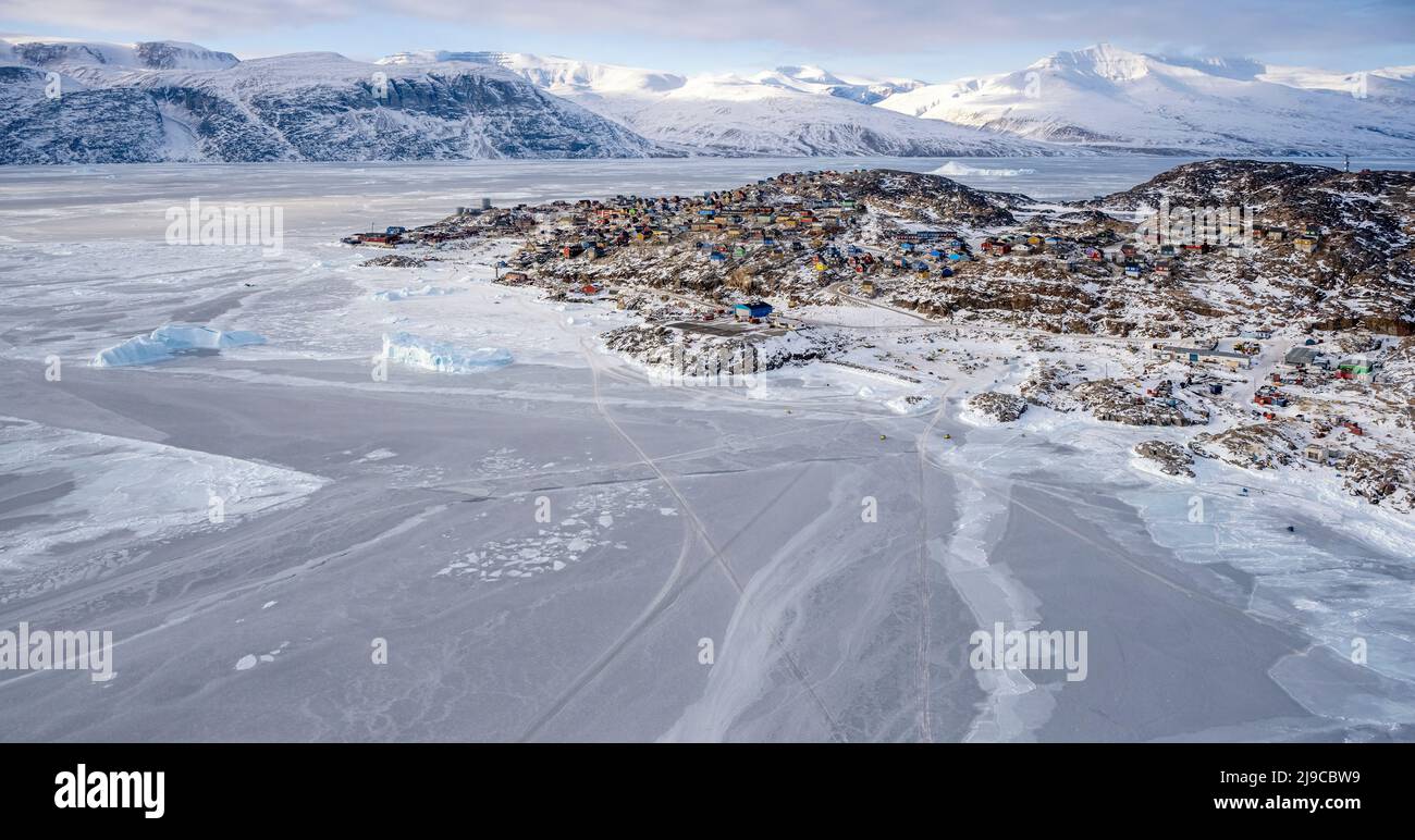 An aerial view of Uummannaq island in north west Greenland. Stock Photo