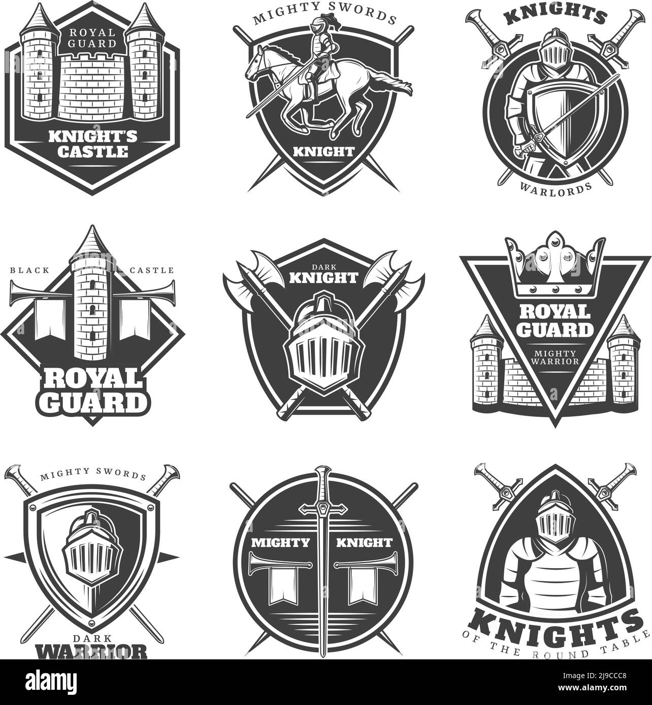 Vintage medieval labels set with armored knights crossed weapons and defensive buildings isolated vector illustration Stock Vector
