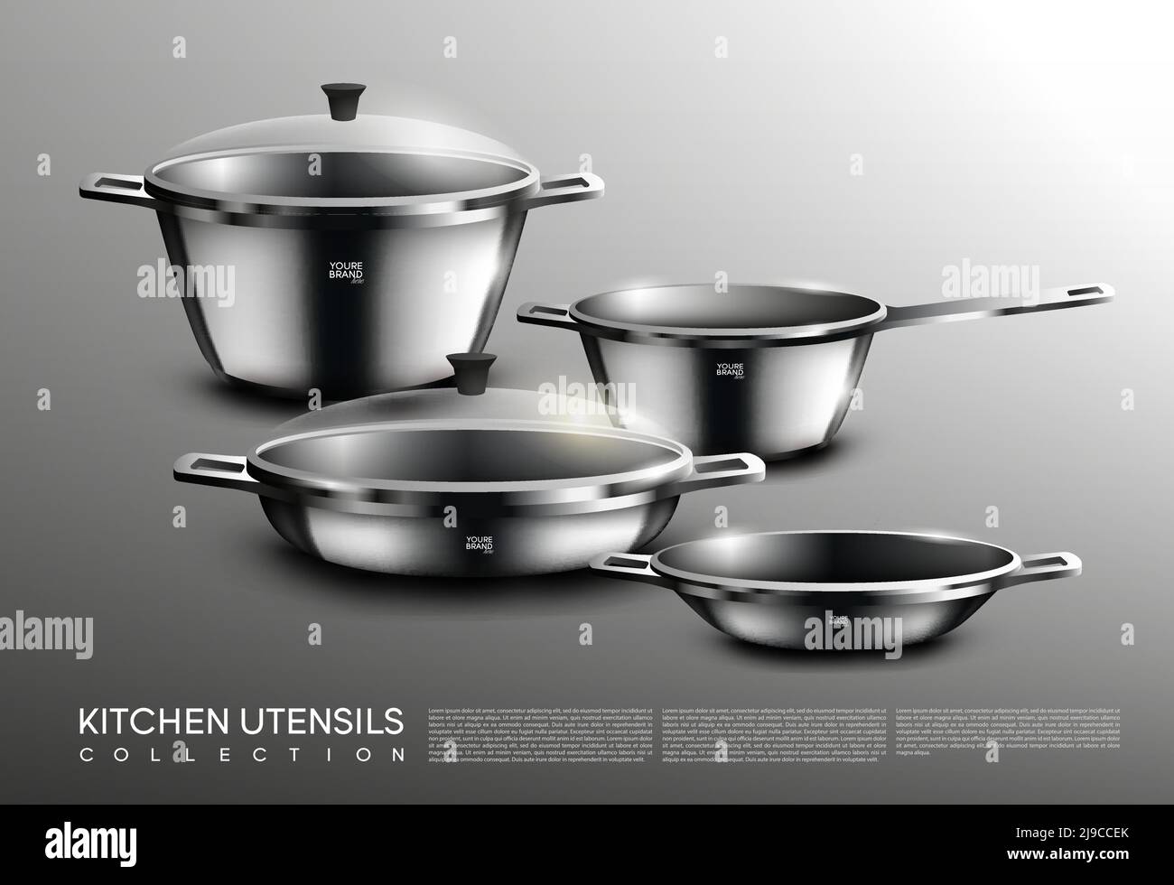 Realistic kitchen cookware set with saucepan pots pan on gray ...