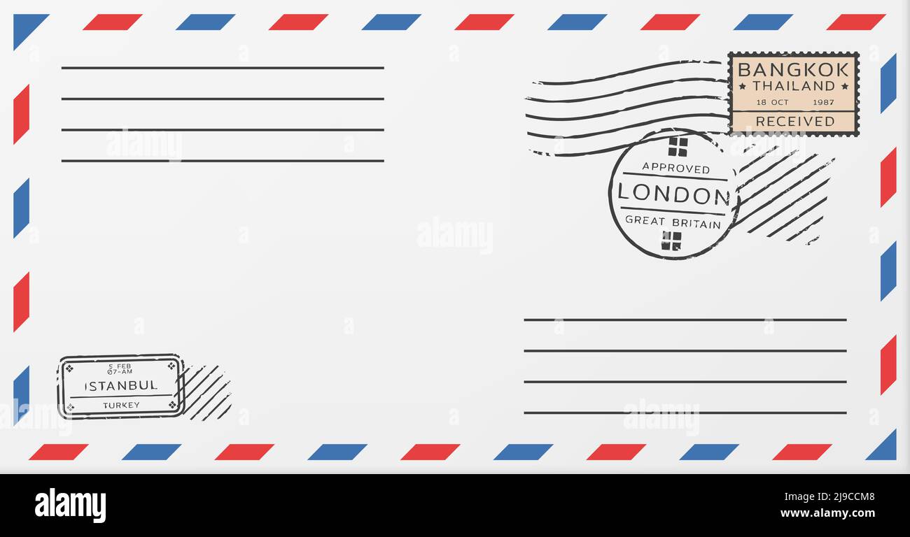 Blank horizontal postal envelope template with postage stamps in vintage style vector