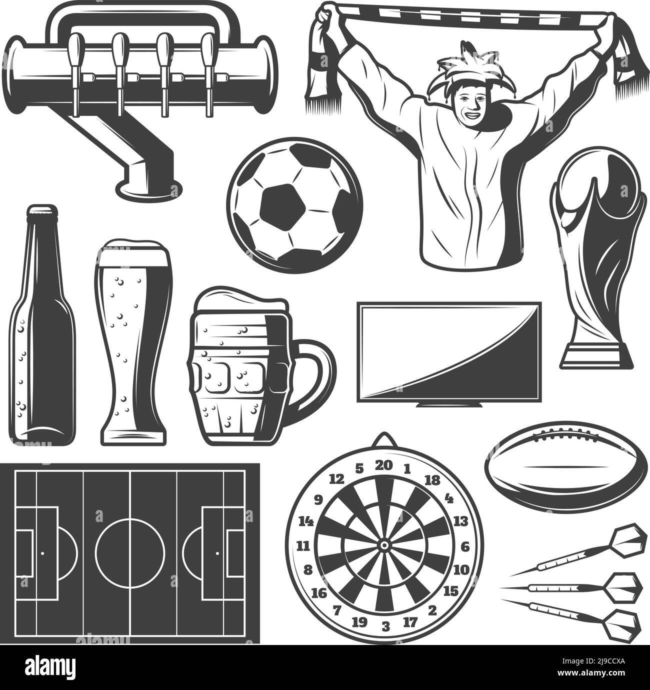 Vintage sport bar elements collection with beer glass tap fan screen cup football balls field darts isolated vector illustration Stock Vector