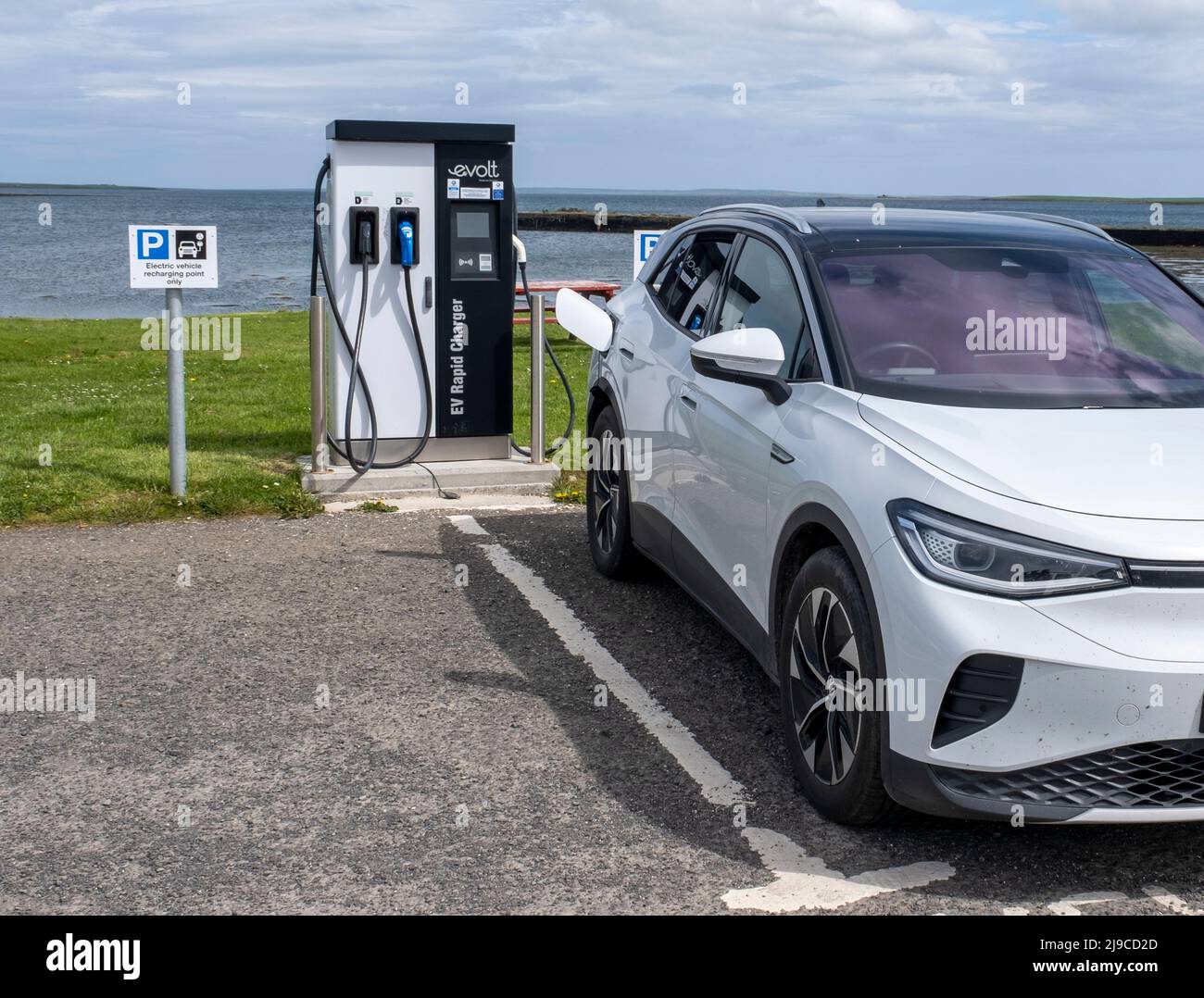 Electric vehicle rapid charging station, Finstown, Orkney, Scotland. Stock Photo