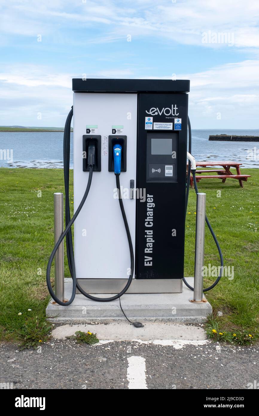 Electric vehicle rapid charging station, Finstown, Orkney, Scotland. Stock Photo