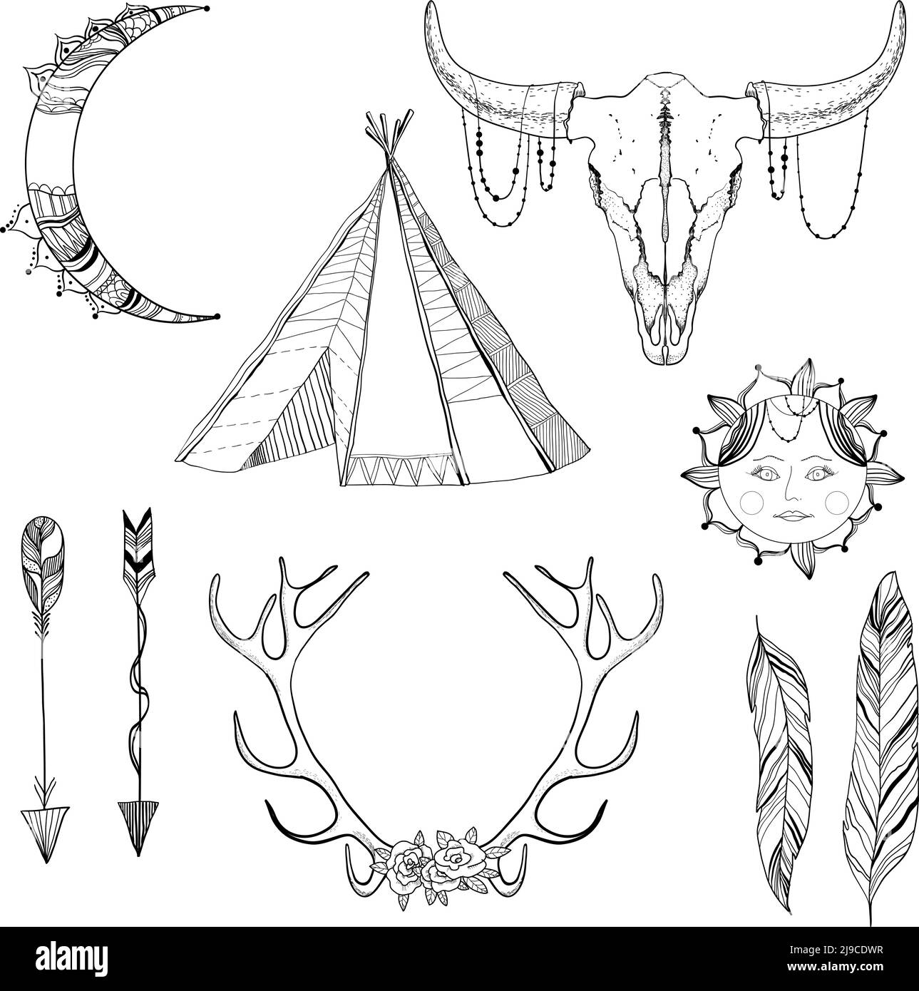 Sketch boho elements set with ornate crescent bull head arrows teepee ...