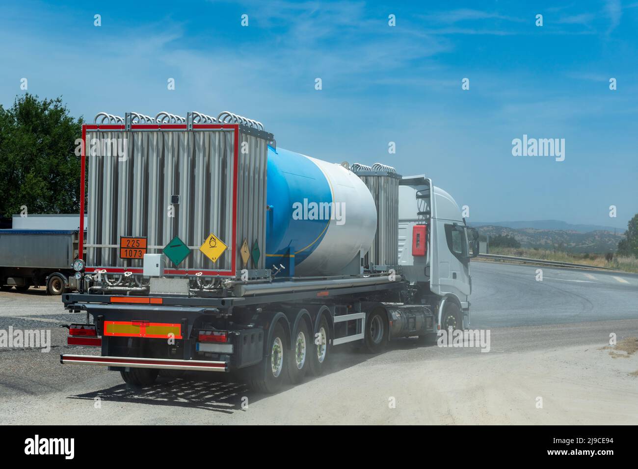 Tank truck for the transport of cryogenic gases, liquid oxygen, with coolers to maintain low temperatures. Stock Photo