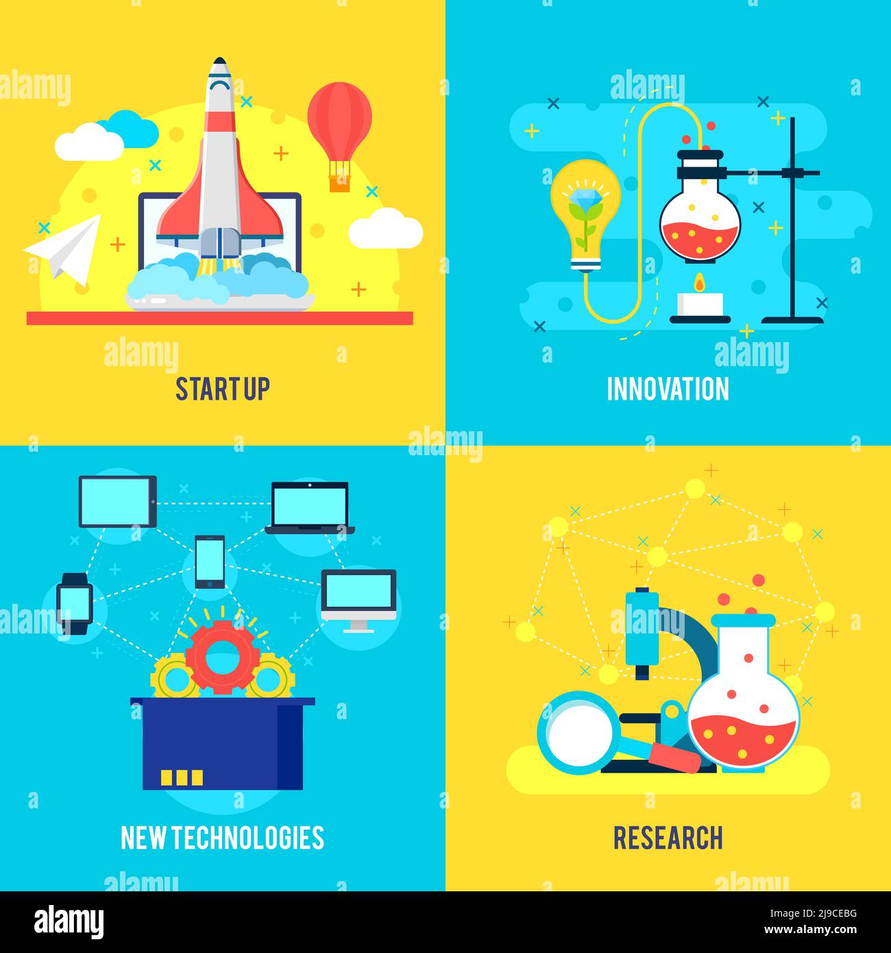 Business development flat composition with rocket launch innovative technologies and scientific experiments vector illustration Stock Vector