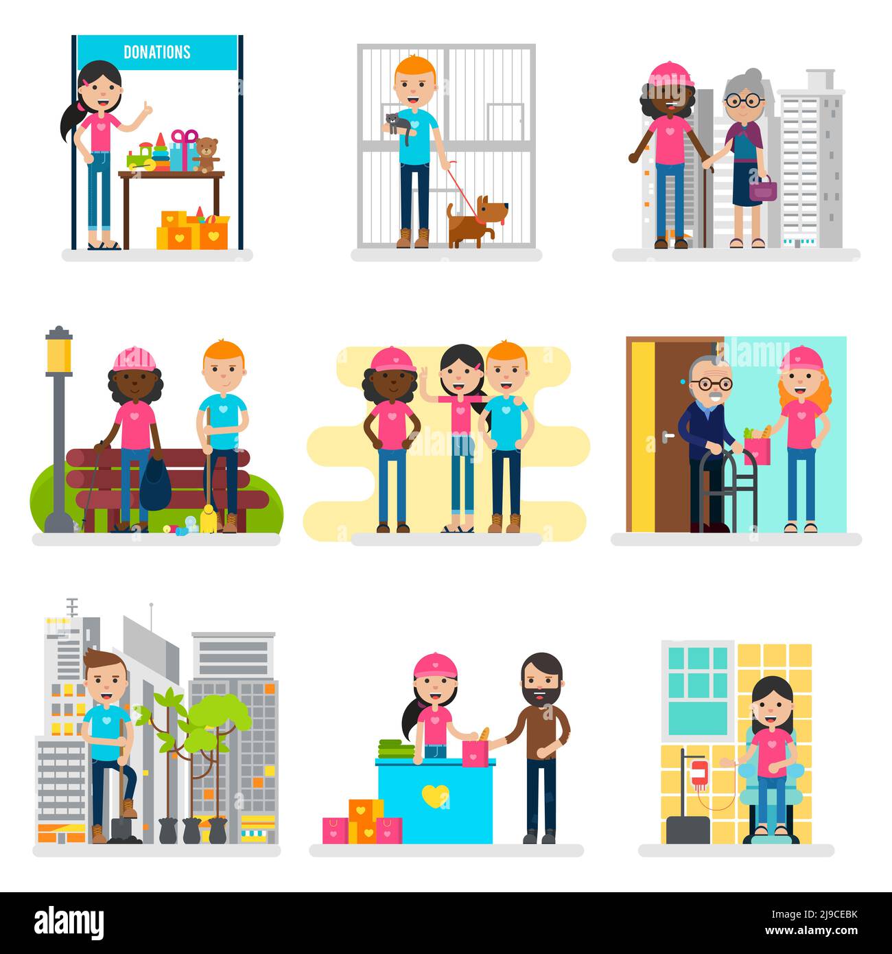 Human volunteers collection with donation waste cleaning support senior