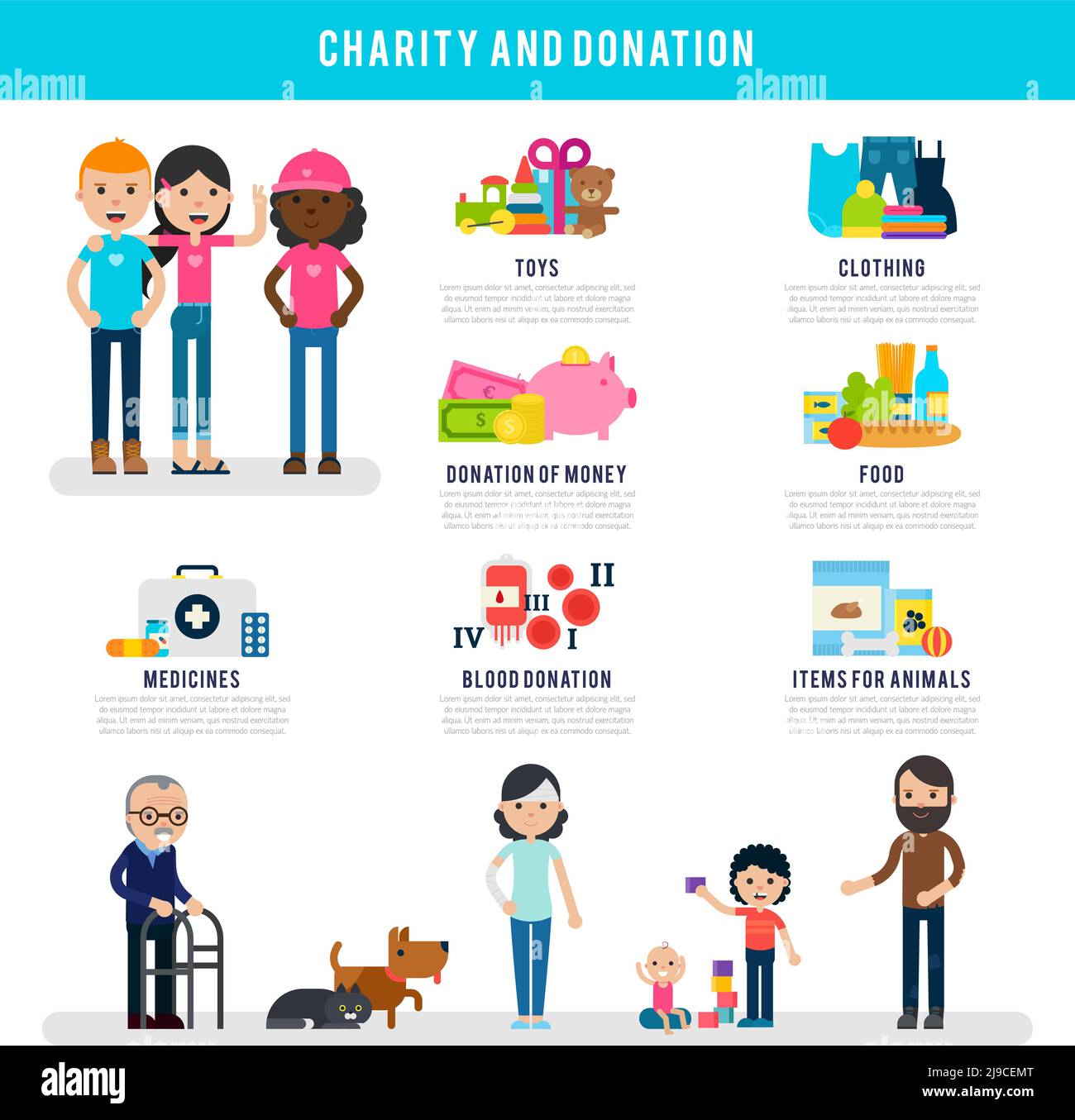 Human volunteers flat infographic template with different types of