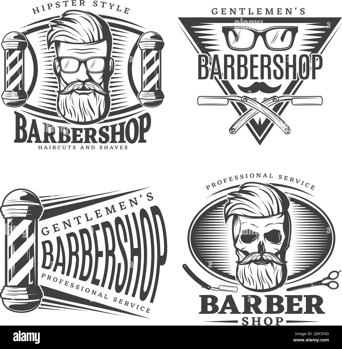 Four isolated barbershop design elements with barber hipster character haircuts shaves and professional accessories decorative signs vector illustrati Stock Vector