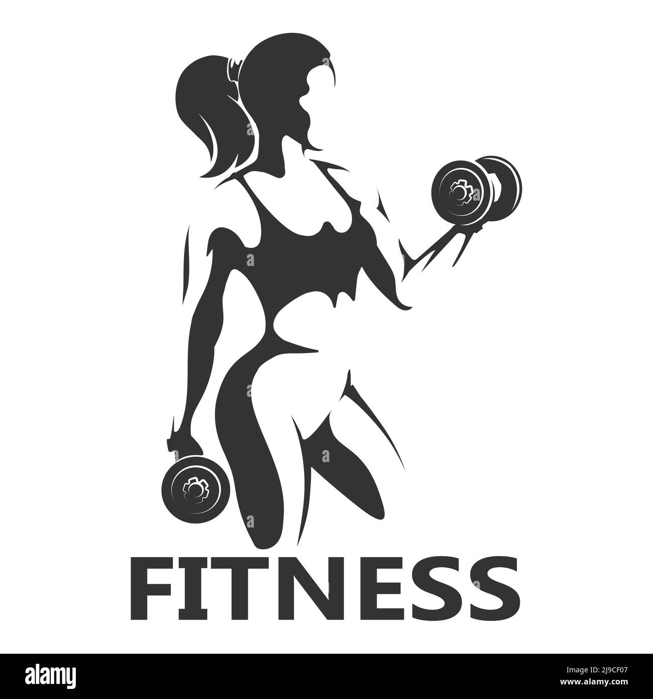 Black and white Fitness logo. Girl with Dumbbells  isolated on white background. Vector illustration. Stock Vector