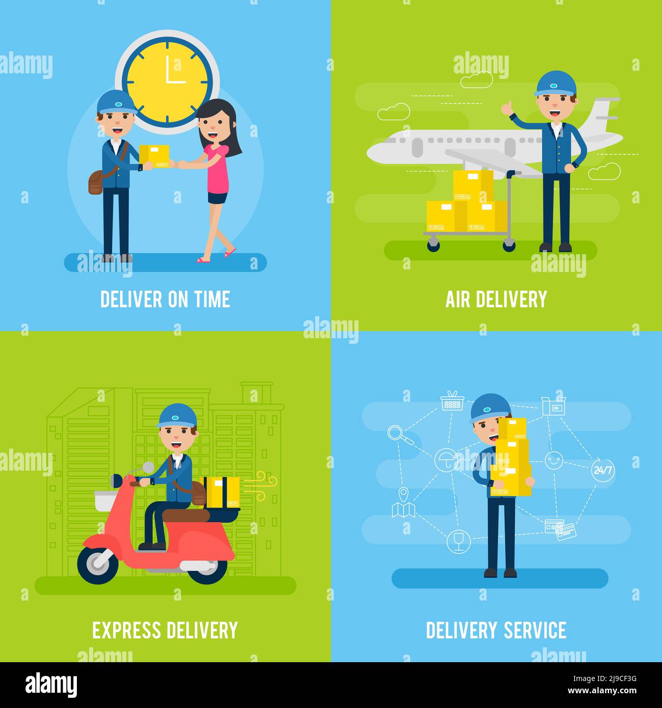 Global logistic flat concept with mailman customer and different types of delivery service vector illustration Stock Vector