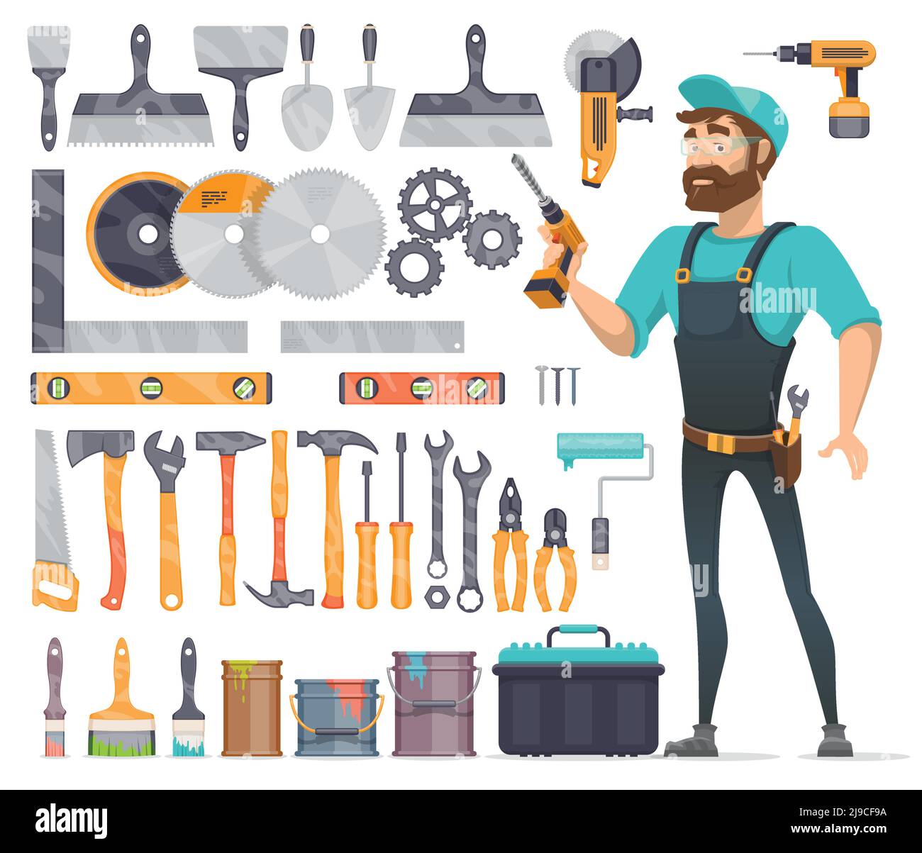 Home repair tools icons set with foreman and working instruments ...