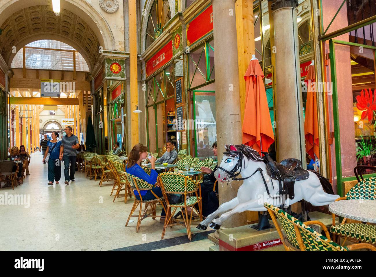 Bordeaux, France, Small Group People, Terrace, inside Old French Cafe, Old Shopping Center, Galerie Bordelaise, 'Rue Saint-Catherine' Stock Photo