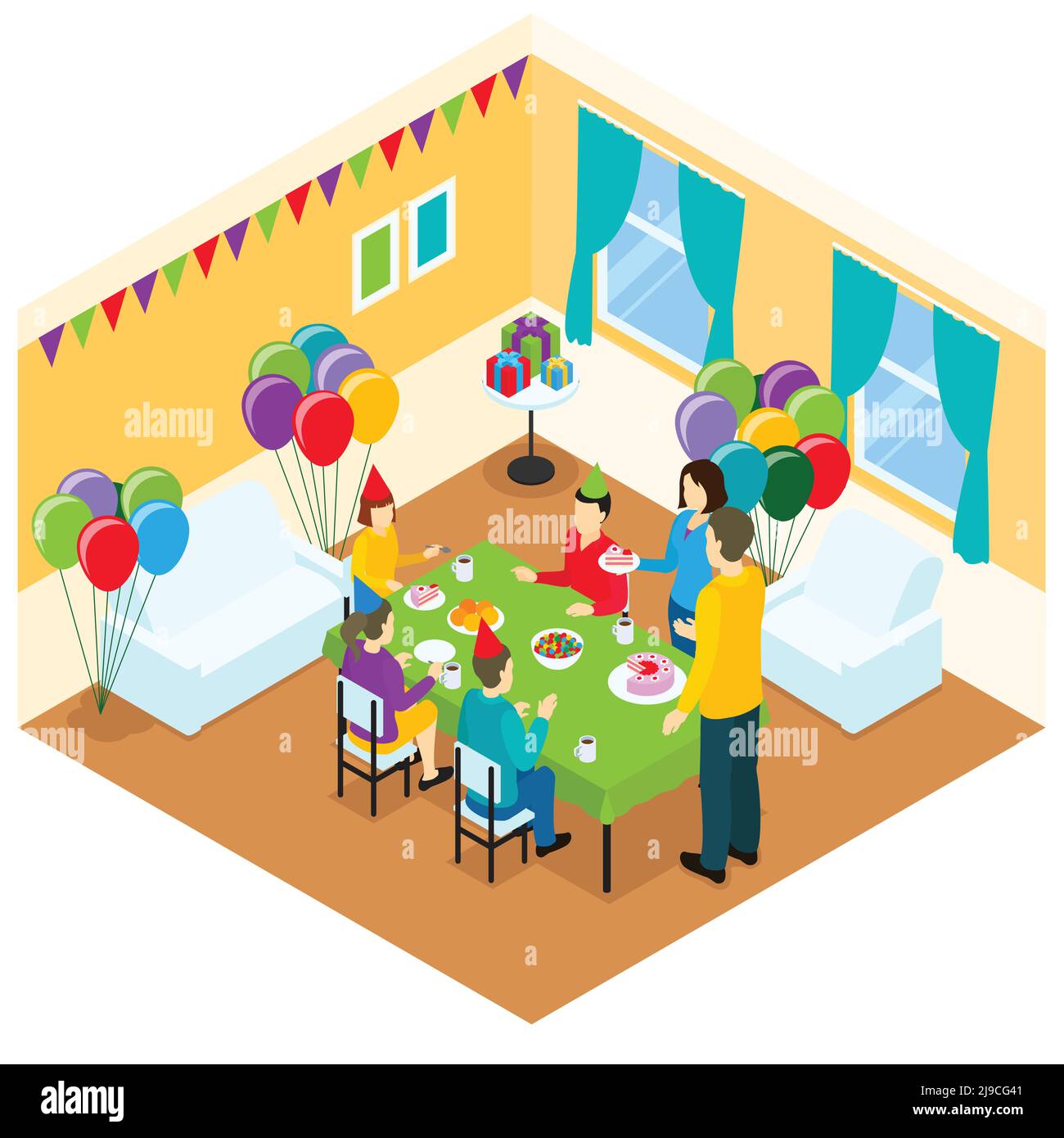 Birthday isometric template with celebrating family at festive table in ...