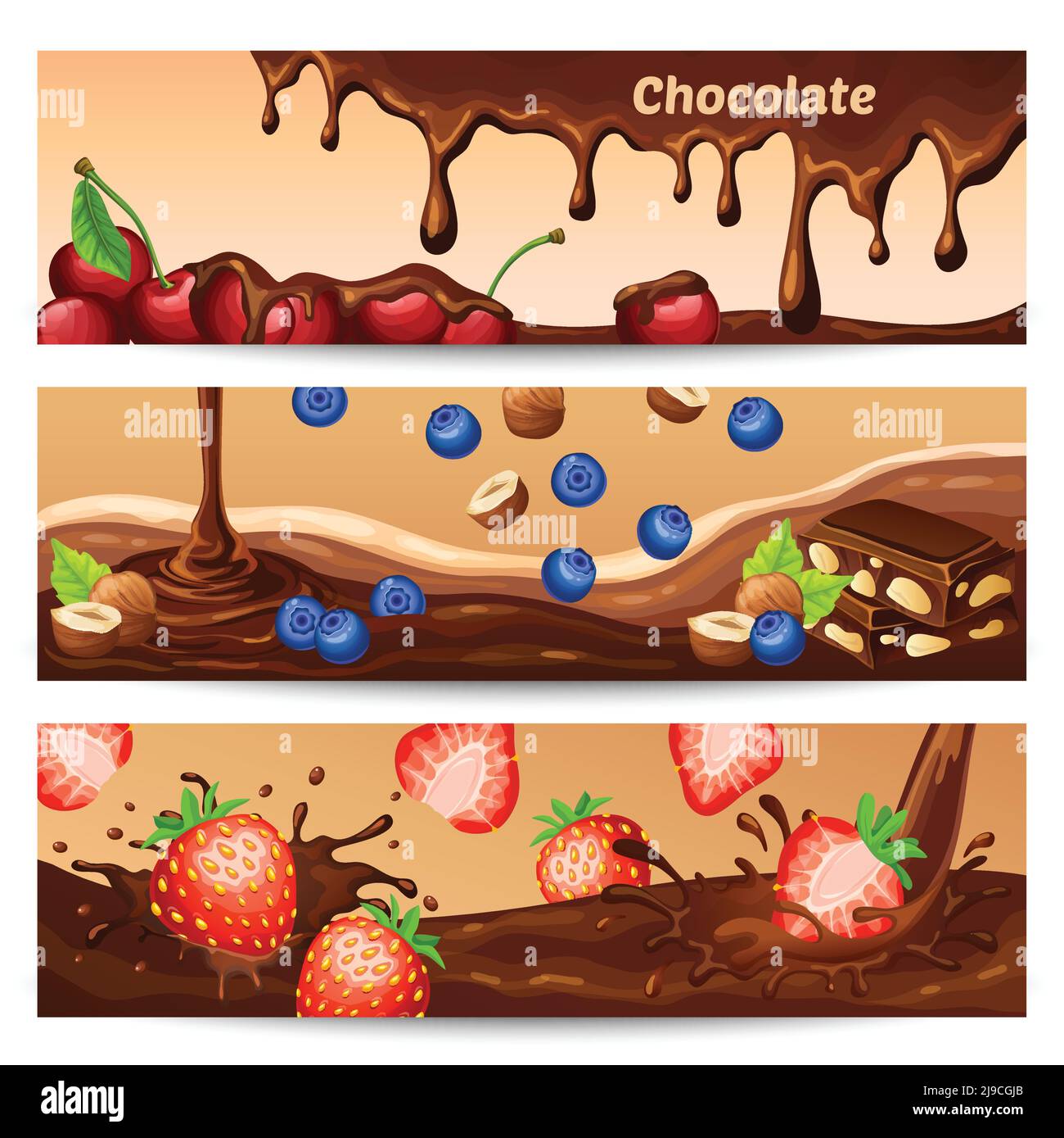 Cartoon chocolate horizontal banners with drops flow splashes pieces cherries bilberries strawberries and hazelnuts vector illustration Stock Vector